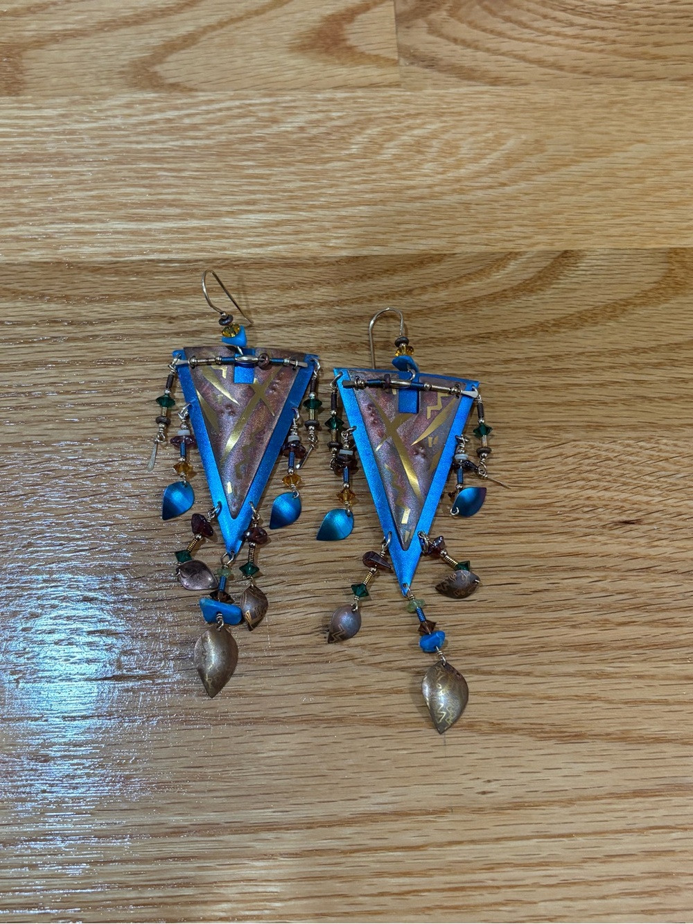 Vintage Holly Yashi Blue Triangle Dangle Earrings with Mixed Bead Charms -